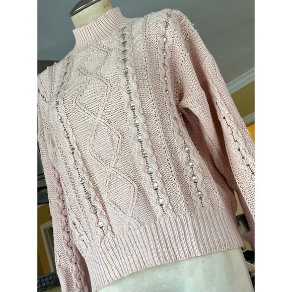 VTG 1980 Blush Ballet Pink Pearl Rhinestone Embellished Cotton Cableknit Sweater - Picture 11 of 12